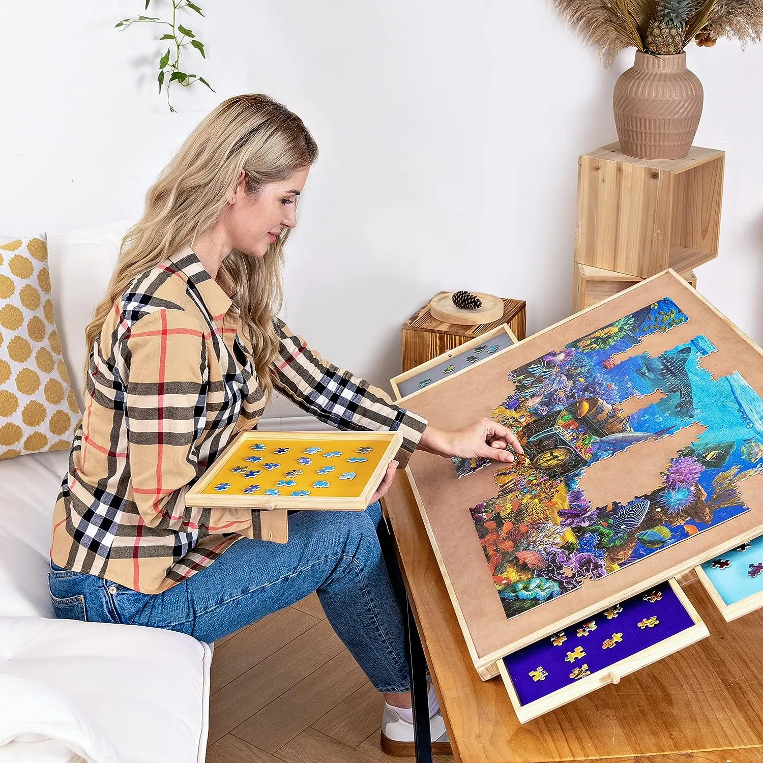 Puzzle Board with Drawers & Cove, Tilting Jigsaw Puzzle Board 1500 Piece, Puzzle Table with Removable Top