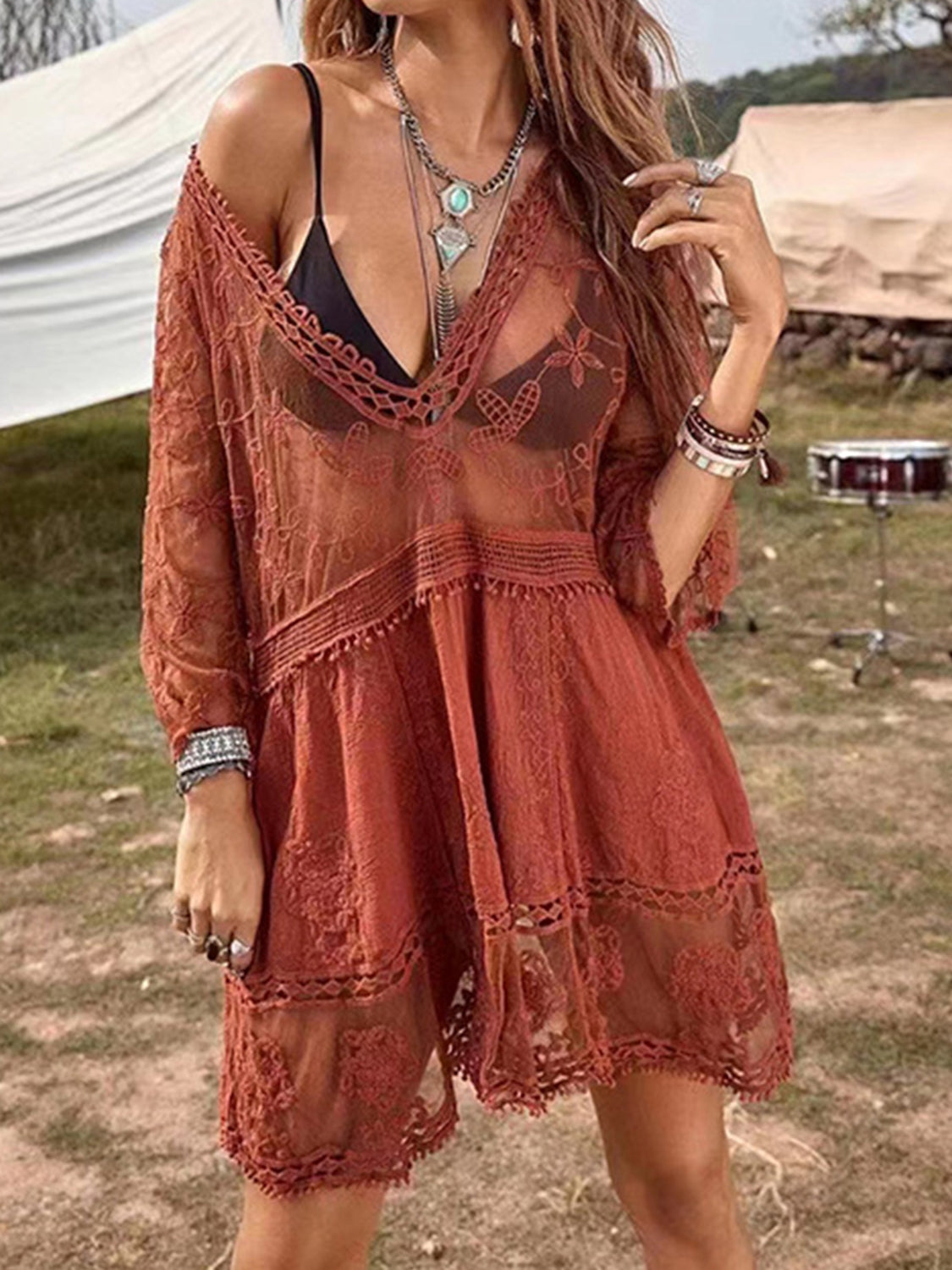 💗LAST DAY SALE 60% OFF⚡50K+ SOLD💕Boho Lace Beach Cover-Up Dress – V-Neck Sheer Swim Cover
