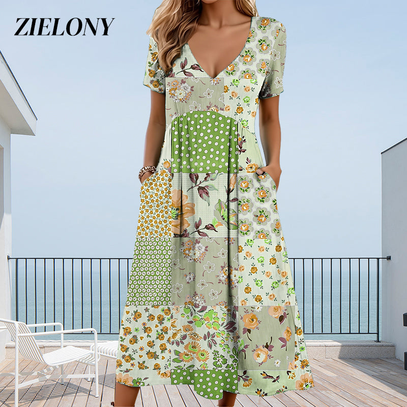 🌊SUMMER HOT SALE £15.99!!👙Women's V-neck dresses with short sleeves in patterned designs