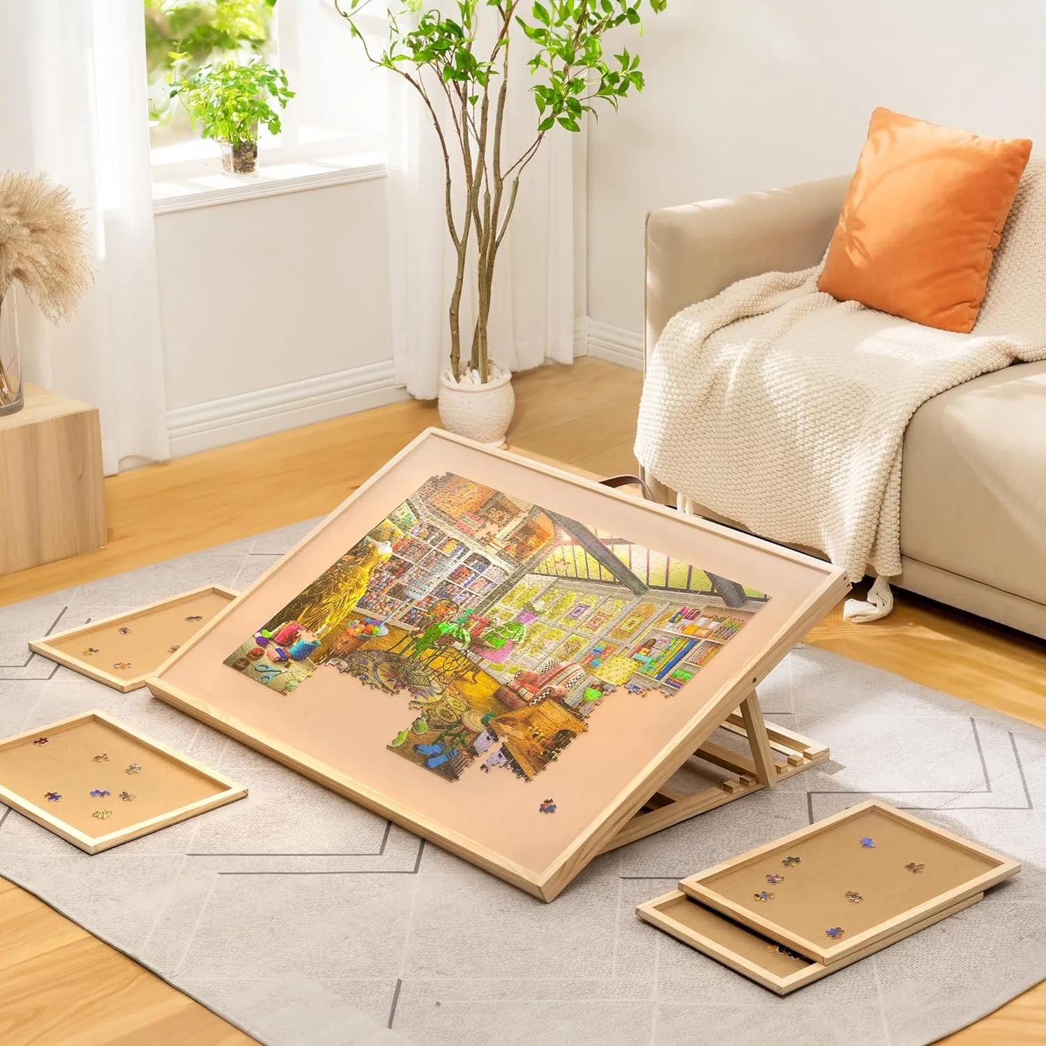 Jigsaw Puzzle Board with 4 Sorting Trays & Cover for Up to 1500 Pieces