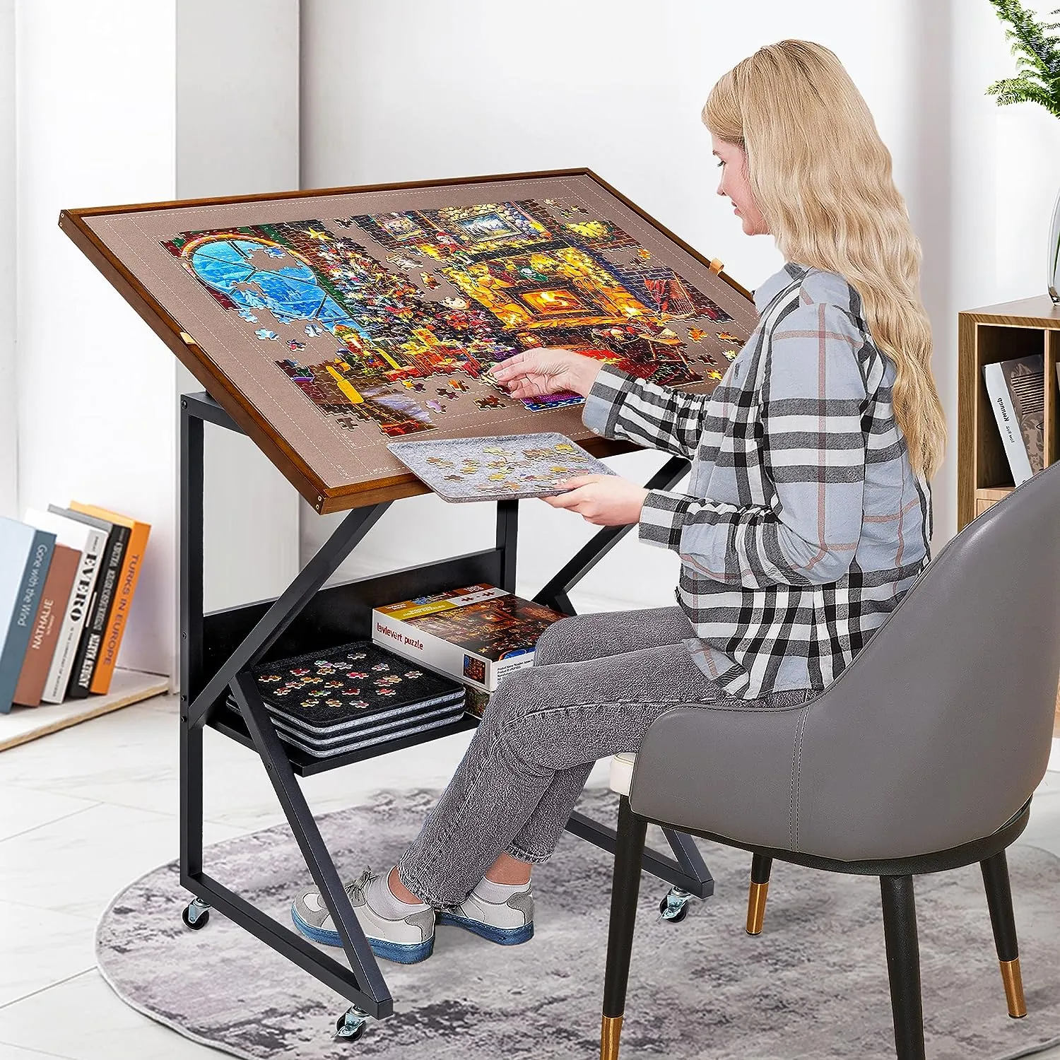 Jigsaw Puzzle Table with Cover and Angle & Height Adjustment for Up to 1500 Pieces