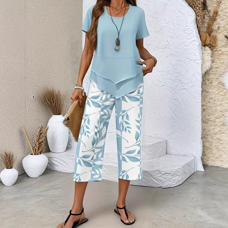 💥Last Day Special Price:£ 17.99👗Women's 2-Piece Set – Layered Asymmetrical Tunic Top & Printed Wide Leg Pants, Breathable Polyester✨