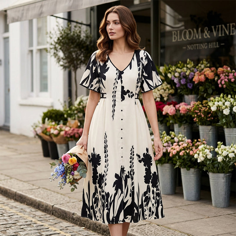 👗 50% OFF NOW! 🌿 Soft Botanical Print V-Neck Midi Dress – Elegant, Lightweight & Versatile for Any Occasion 🌸