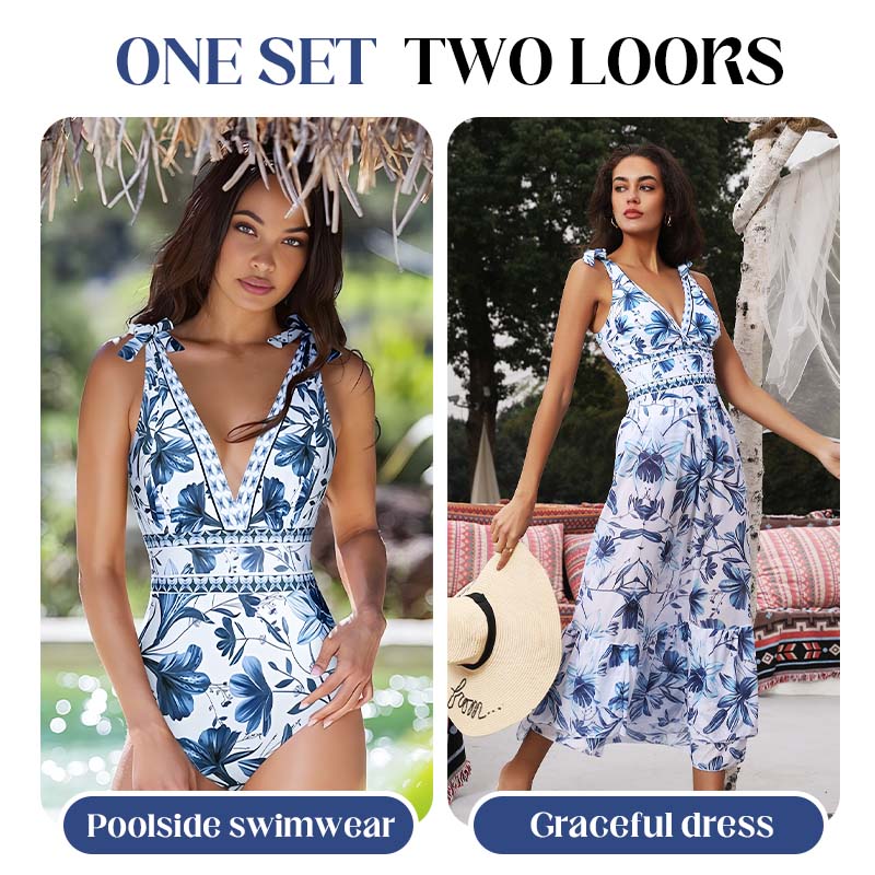 💃Last Day Special Sale 49% OFF🩱 V Neck Lace Up Printed One Piece Swimsuit and Skirt