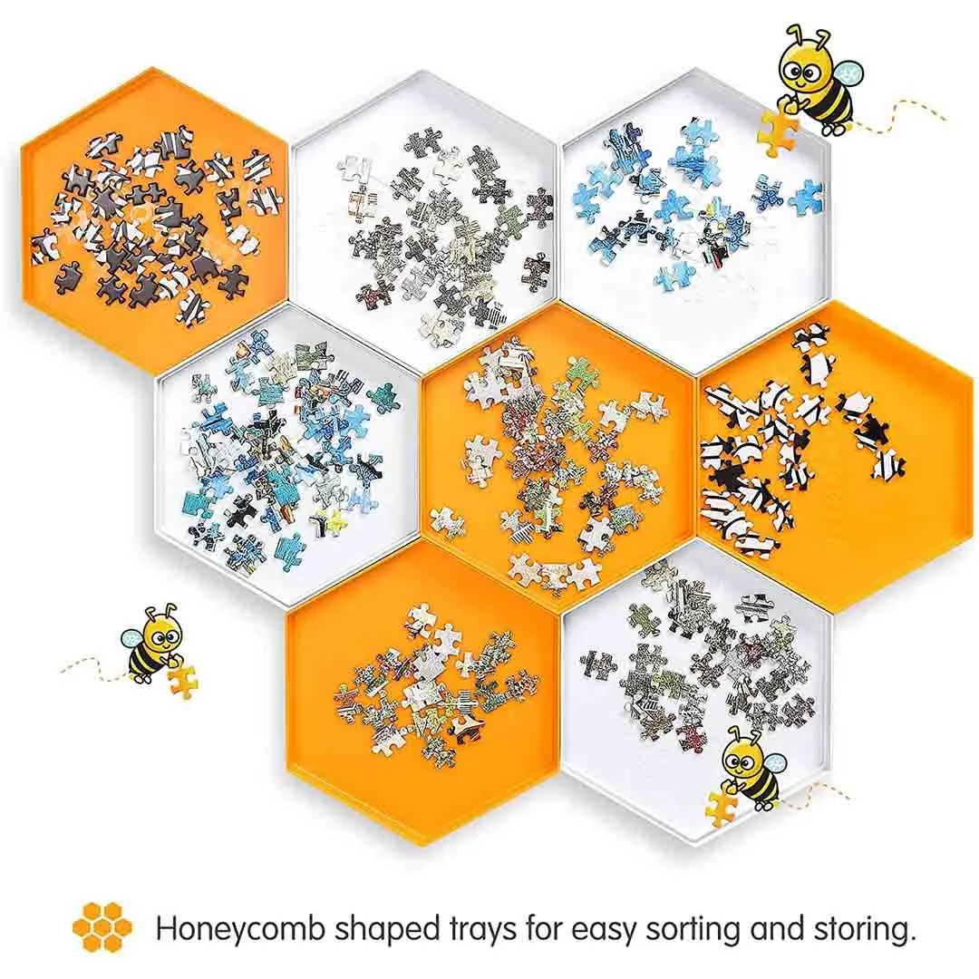 Stackable Puzzle Sorting Trays Up to 1500 Pieces, 8 Hexagonal Trays in White & Orange