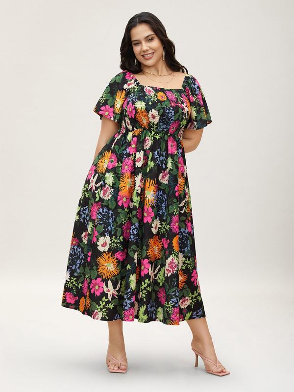 ⏰Summer Hot Sale 70% OFF💃Floral Smocked Square Neck Midi Dress with Pockets