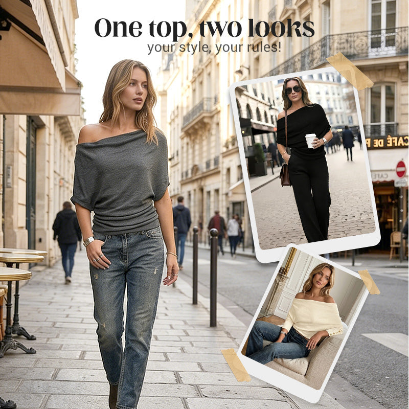 👕Summer Hot Sale - Up to 70% OFF⚡50K+ SOLD!🎁Women's Asymmetrical Off-Shoulder Batwing Sleeve Top👚