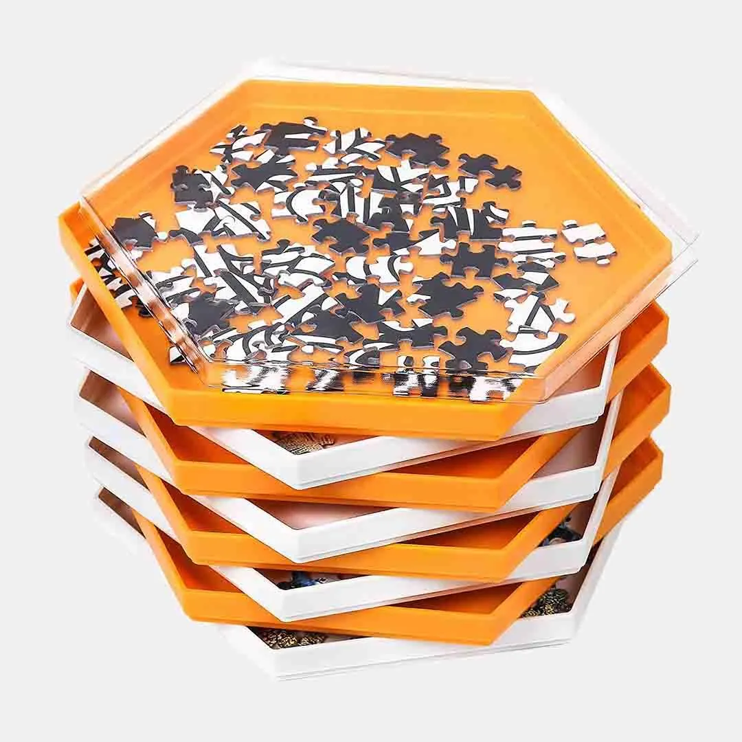 Stackable Puzzle Sorting Trays Up to 1500 Pieces, 8 Hexagonal Trays in White & Orange