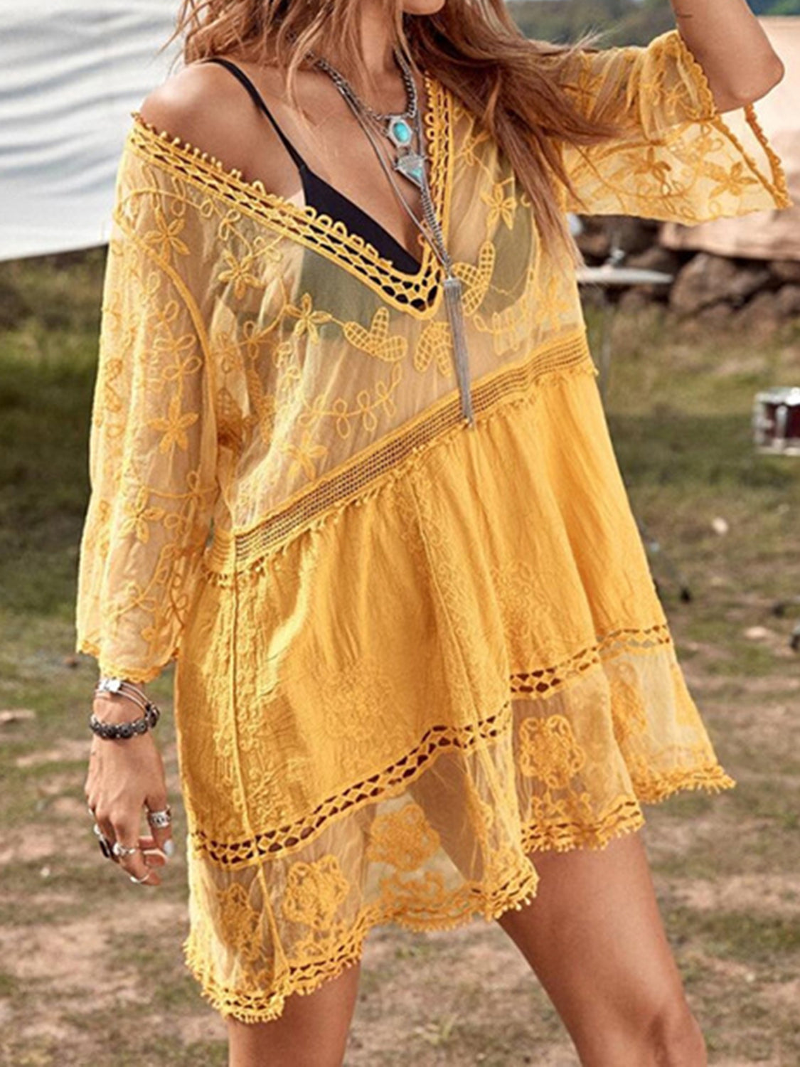 💗LAST DAY SALE 60% OFF⚡50K+ SOLD💕Boho Lace Beach Cover-Up Dress – V-Neck Sheer Swim Cover